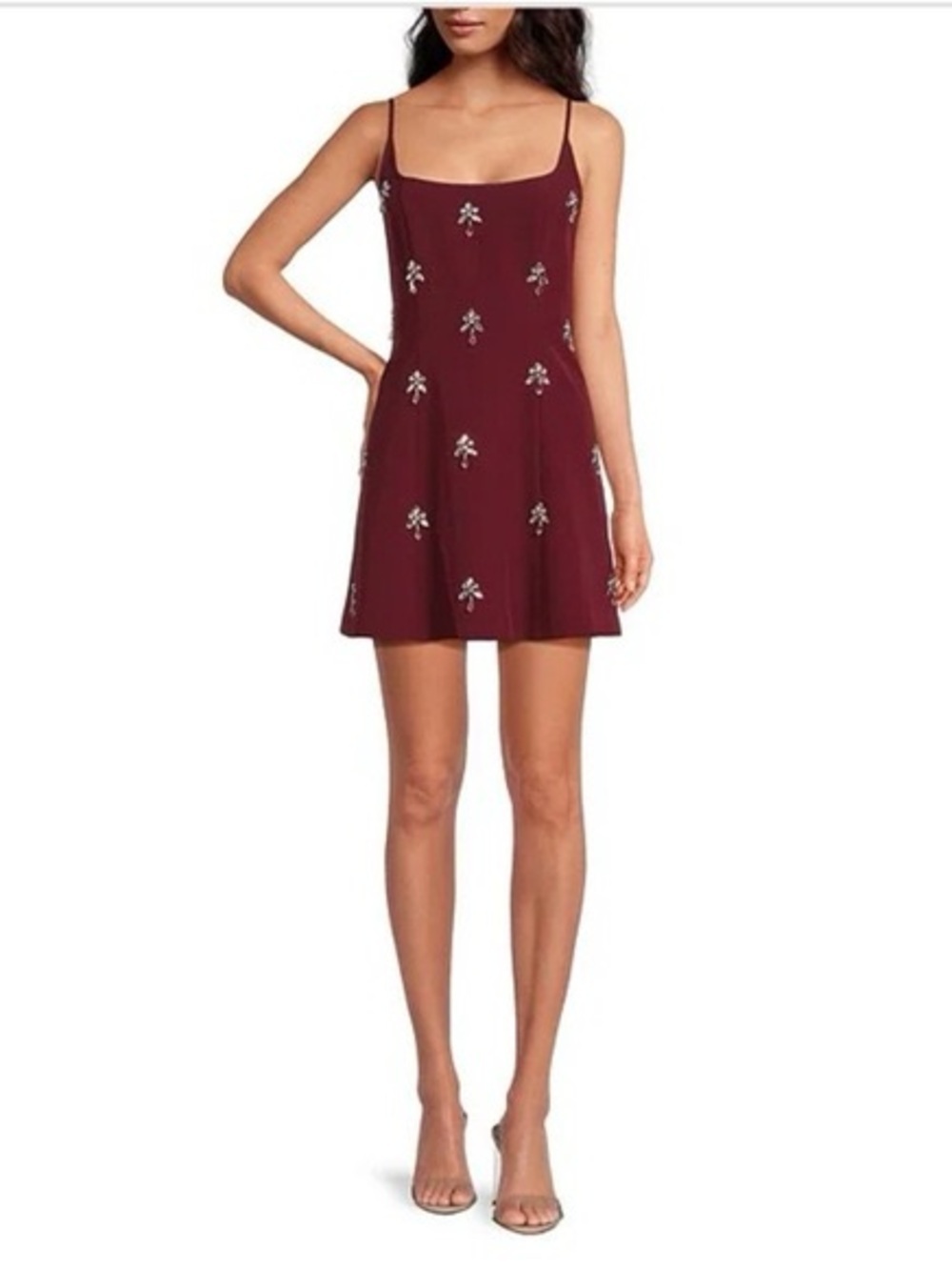 Gianni Bini burgundy mini dress Mika Crepe Square Neck Sleeveless Jewel A-Line